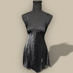 Vtg Y2K Victoria's Secret Black Lace Slip Cami Mini Dress Medium Slit Tie Back